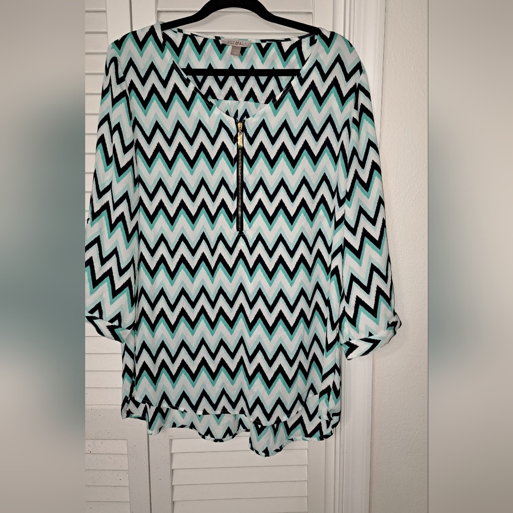 Roz & Ali Zigzag Blouse - Black, White, Teal BREATHABLE